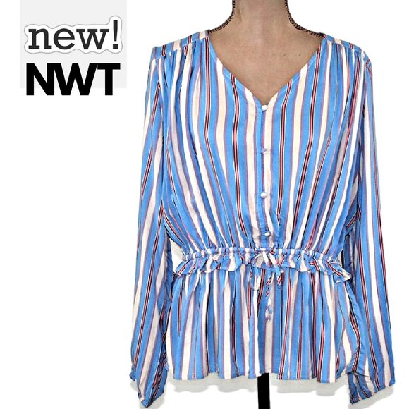 NEW Blue Coral Striped Button Down Drawstring Ruffle Waist Top Blouse Boho $44 - Picture 1 of 8
